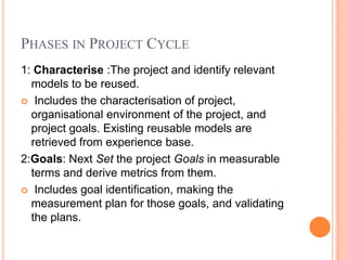 PHASES IN PROJECT CYCLE
1: Characterise :The project and identify relevant
  models to be reused.
 Includes the characterisation of project,
  organisational environment of the project, and
  project goals. Existing reusable models are
  retrieved from experience base.
2:Goals: Next Set the project Goals in measurable
  terms and derive metrics from them.
 Includes goal identification, making the
  measurement plan for those goals, and validating
  the plans.
 