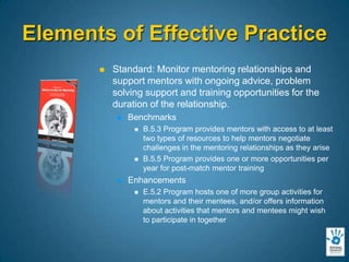 Elements of Effective PracticeStandard: Monitor mentoring relationships and support mentors with ongoing advice, problem solving support and training opportunities for the duration of the relationship. BenchmarksB.5.3 Program provides mentors with access to at least two types of resources to help mentors negotiate challenges in the mentoring relationships as they ariseB.5.5 Program provides one or more opportunities per year for post-match mentor trainingEnhancementsE.5.2 Program hosts one of more group activities for mentors and their mentees, and/or offers information about activities that mentors and mentees might wish to participate in together 