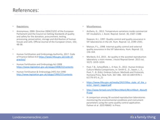 Londonwomensclinic.com
References:
• Regulations:
• Anonymous, 2004. Directive 2004/23/EC of the European
Parliament and the Council on Setting Standards of quality
and safety for the donation, procurement, testing,
processing, preservation, storage and distribution of human
tissues and cells. Official Journal of the European Union, 102,
48-58.
•
• Human Fertilisation and Embryology Authority, 2017. Code
of Practice Edition 8.0 https://www.hfea.gov.uk/code-of-
practice/
• Human Fertilisation and Embryology Act 2008
https://www.legislation.gov.uk/ukpga/2008/22/contents
• Human Fertilisation & Embryology (HFE) Act 1990
http://www.legislation.gov.uk/ukpga/1990/37/contents
• Miscellaneous:
• Anifanis, G., 2013. Temperature variations inside commercial
IVF incubators. J. Assist. Reprod. Genet. 30, 1587–1588
Dawson, K.J., 1997. Quality control and quality assurance in
IVF laboratories in the UK. Hum. Reprod. 12, 2590–2591.
• Matson, P.L., 1998. Internal quality control and external
quality assurance in the IVF laboratory. Hum. Reprod. 13,
156-164.
• Morbeck, D.E, 2015. Air quality in the assisted reproduction
laboratory: a mini-review. J Assist Reprod Genet 2015 Jul;
32(7): 1019–1024.
• Pool, T.B., Schoolfield, J., D Han, D., 2012. Human Embryo
Culture Media Comparisons, in: Smith G., D., Swain, J., E.,
Pool, T., B. (Eds), Embryo Culture: Methods and Protocols,
Humana Press, New York. 367-386. DOI 10.1007/978-1-
61779-971-6_21
• https://www.hfea.gov.uk/media/2437/hfea_state_of_the_s
ector_report_tagged.pdf
• http://www.fertaid.com/IVFBenchMark/BEnchMark_AboutK
PI.asp
• A comparison among 36 assisted reproduction laboratories
monitoring the environmental conditions and instrument
parameters using the same quality control application.
Palmer et al 2019 RBMO In Press
 