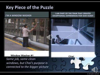 Key Piece of the Puzzle
                                    I AM PART OF THE TEAM THAT CREATES
I’M A WINDOW WASHER               EXCEPTIONAL EXPERIENCES FOR OUR GUEST




Same job, same clean
windows, but Chai’s purpose is
connected to the bigger picture
                                                                 (C) All rights reserved
 