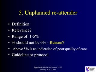 5. Unplanned re-attender
• Definition
• Relevance?
• Range of 1-5%
• % should not be 0% - Reason?
• Above 5% is an indication of poor quality of care.
• Guideline or protocol
Egyptian Critical Care Summit 12-15
January 2015 - Cairo
 