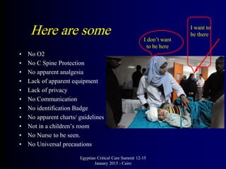 Here are some
• No O2
• No C Spine Protection
• No apparent analgesia
• Lack of apparent equipment
• Lack of privacy
• No Communication
• No identification Badge
• No apparent charts/ guidelines
• Not in a children’s room
• No Nurse to be seen.
• No Universal precautions
Egyptian Critical Care Summit 12-15
January 2015 - Cairo
I don’t want
to be here
I want to
be there
 