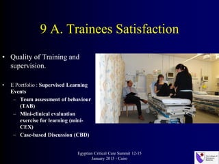 9 A. Trainees Satisfaction
• Quality of Training and
supervision.
• E Portfolio : Supervised Learning
Events
– Team assessment of behaviour
(TAB)
– Mini-clinical evaluation
exercise for learning (mini-
CEX)
– Case-based Discussion (CBD)
Egyptian Critical Care Summit 12-15
January 2015 - Cairo
 