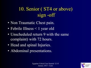 10. Senior ( ST4 or above)
sign -off
• Non Traumatic Chest pain.
• Febrile Illness < 1 year old
• Unscheduled return 9 with the same
complaint) with 72 hours.
• Head and spinal Injuries.
• Abdominal presentations.
Egyptian Critical Care Summit 12-15
January 2015 - Cairo
 