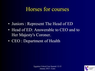 Horses for courses
• Juniors : Represent The Head of ED
• Head of ED: Answerable to CEO and to
Her Majesty's Coroner.
• CEO : Department of Health
Egyptian Critical Care Summit 12-15
January 2015 - Cairo
 