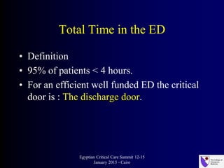 Total Time in the ED
• Definition
• 95% of patients < 4 hours.
• For an efficient well funded ED the critical
door is : The discharge door.
Egyptian Critical Care Summit 12-15
January 2015 - Cairo
 