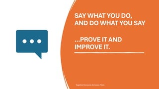 SAY WHAT YOU DO,
AND DO WHAT YOU SAY
…PROVE IT AND
IMPROVE IT.
Together Everyone Achieves More
 