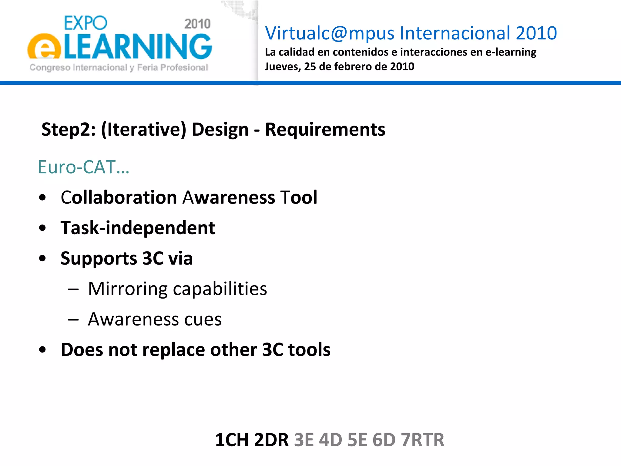 Euro-CAT… C ollaboration  A wareness  T ool  Task-independent Supports 3C via  Mirroring capabilities Awareness cues Does not replace other 3C tools Step2: (Iterative) Design - Requirements 1CH 2DR  3E 4D 5E 6D 7RTR 