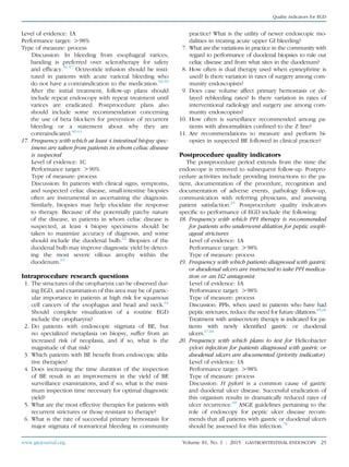 Level of evidence: 1A
Performance target: O98%
Type of measure: process
Discussion: In bleeding from esophageal varices,
banding is preferred over sclerotherapy for safety
and efﬁcacy.56,57
Octreotide infusion should be insti-
tuted in patients with acute variceal bleeding who
do not have a contraindication to the medication.58,59
After the initial treatment, follow-up plans should
include repeat endoscopy with repeat treatment until
varices are eradicated. Postprocedure plans also
should include some recommendation concerning
the use of beta blockers for prevention of recurrent
bleeding or a statement about why they are
contraindicated.60,61
17. Frequency with which at least 4 intestinal biopsy spec-
imens are taken from patients in whom celiac disease
is suspected
Level of evidence: 1C
Performance target: O90%
Type of measure: process
Discussion: In patients with clinical signs, symptoms,
and suspected celiac disease, small-intestine biopsies
often are instrumental in ascertaining the diagnosis.
Similarly, biopsies may help elucidate the response
to therapy. Because of the potentially patchy nature
of the disease, in patients in whom celiac disease is
suspected, at least 4 biopsy specimens should be
taken to maximize accuracy of diagnosis, and some
should include the duodenal bulb.62
Biopsies of the
duodenal bulb may improve diagnostic yield by detect-
ing the most severe villous atrophy within the
duodenum.63
Intraprocedure research questions
1. The structures of the oropharynx can be observed dur-
ing EGD, and examination of this area may be of partic-
ular importance in patients at high risk for squamous
cell cancers of the esophagus and head and neck.64
Should complete visualization of a routine EGD
include the oropharynx?
2. Do patients with endoscopic stigmata of BE, but
no specialized metaplasia on biopsy, suffer from an
increased risk of neoplasia, and if so, what is the
magnitude of that risk?
3. Which patients with BE beneﬁt from endoscopic abla-
tive therapies?
4. Does increasing the time duration of the inspection
of BE result in an improvement in the yield of BE
surveillance examinations, and if so, what is the mini-
mum inspection time necessary for optimal diagnostic
yield?
5. What are the most effective therapies for patients with
recurrent strictures or those resistant to therapy?
6. What is the rate of successful primary hemostasis for
major stigmata of nonvariceal bleeding in community
practice? What is the utility of newer endoscopic mo-
dalities in treating acute upper GI bleeding?
7. What are the variations in practice in the community with
regard to performance of duodenal biopsies to rule out
celiac disease and from what sites in the duodenum?
8. How often is dual therapy used when epinephrine is
used? Is there variation in rates of surgery among com-
munity endoscopists?
9. Does case volume affect primary hemostasis or de-
layed rebleeding rates? Is there variation in rates of
interventional radiology and surgery use among com-
munity endoscopists?
10. How often is surveillance recommended among pa-
tients with abnormalities conﬁned to the Z line?
11. Are recommendations to measure and perform bi-
opsies in suspected BE followed in clinical practice?
Postprocedure quality indicators
The postprocedure period extends from the time the
endoscope is removed to subsequent follow-up. Postpro-
cedure activities include providing instructions to the pa-
tient, documentation of the procedure, recognition and
documentation of adverse events, pathology follow-up,
communication with referring physicians, and assessing
patient satisfaction.23
Postprocedure quality indicators
speciﬁc to performance of EGD include the following:
18. Frequency with which PPI therapy is recommended
for patients who underwent dilation for peptic esoph-
ageal strictures
Level of evidence: 1A
Performance target: O98%
Type of measure: process
19. Frequency with which patients diagnosed with gastric
or duodenal ulcers are instructed to take PPI medica-
tion or an H2 antagonist
Level of evidence: 1A
Performance target: O98%
Type of measure: process
Discussion: PPIs, when used in patients who have had
peptic strictures, reduce the need for future dilations.65,66
Treatment with antisecretory therapy is indicated for pa-
tients with newly identiﬁed gastric or duodenal
ulcers.67,68
20. Frequency with which plans to test for Helicobacter
pylori infection for patients diagnosed with gastric or
duodenal ulcers are documented (priority indicator)
Level of evidence: 1A
Performance target: O98%
Type of measure: process
Discussion: H pylori is a common cause of gastric
and duodenal ulcer disease. Successful eradication of
this organism results in dramatically reduced rates of
ulcer recurrence.69
ASGE guidelines pertaining to the
role of endoscopy for peptic ulcer disease recom-
mends that all patients with gastric or duodenal ulcers
should be assessed for this infection.70
www.giejournal.org Volume 81, No. 1 : 2015 GASTROINTESTINAL ENDOSCOPY 25
Quality indicators for EGD
 
