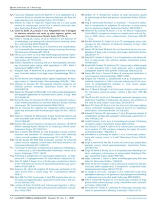 124. Francis DL, Rodriguez-Correa DT, Buchner A, et al. Application of a
conversion factor to estimate the adenoma detection rate from the
polyp detection rate. Gastrointest Endosc 2011;73:493-7.
125. Williams JE, Holub JL, Faigel DO. Polypectomy rate is a valid quality
measure for colonoscopy: results from a national endoscopy data-
base. Gastrointest Endosc 2012;75:576-82.
126. Gohel TD, Burke CA, Lankaala P, et al. Polypectomy rate: a surrogate
for adenoma detection rate varies by colon segment, gender, and
endoscopist. Clin Gastroenterol Hepatol. Epub 2013 Dec 4.
127. Hetzel J, Huang CS, Coukos JA, et al. Variation in the detection of
serrated polyps in an average risk colorectal cancer screening cohort.
Am J Gastroenterol 2010;105:2656-64.
128. Kahi CJ, Hewett DG, Norton DL, et al. Prevalence and variable detec-
tion of proximal colon serrated polyps during screening colonoscopy.
Clin Gastroenterol Hepatol 2011;9:42-6.
129. Kahi CJ, Li X, Eckert GJ, et al. High colonoscopic prevalence of prox-
imal colon serrated polyps in average-risk men and women. Gastro-
intest Endosc 2012;75:515-20.
130. Khalid O, Radaideh S, Cummings OW, et al. Reinterpretation of histol-
ogy of proximal colon polyps called hyperplastic in 2001. World J
Gastroenterol 2009;15:3767-70.
131. Wong NA, Hunt LP, Novelli MR, et al. Observer agreement in the diag-
nosis of serrated polyps of the large bowel. Histopathology 2009;55:
63-6.
132. Rex DK. Narrow-band imaging without optical magnification for histo-
logic analysis of colorectal polyps. Gastroenterology 2009;136:1174-81.
133. Ignjatovic A, Saunders BP. Non-polypoid colorectal neoplasms are
relatively common worldwide. Gastrointest Endosc Clin N Am
2010;20:417-29.
134. Zauber AG, Winawer SJ, O'Brien MJ, et al. Colonoscopic polypectomy
and long-term prevention of colorectal-cancer deaths. N Engl J Med
2012;366:687-96.
135. Barclay RL, Vicari JJ, Greenlaw RL. Effect of a time-dependent colono-
scopic withdrawal protocol on adenoma detection during screening
colonoscopy. Clin Gastroenterol Hepatol 2008;6:1091-8.
136. Zins BJ, Tremaine WJ, Carpenter HA. Collagenous colitis: mucosal bi-
opsies and association with fecal leukocytes. Mayo Clin Proc 1995;70:
430-3.
137. Onken JE, Friedman JY, Subramanian S, et al. Treatment patterns and
costs associated with sessile colorectal polyps. Am J Gastroenterol
2002;97:2896-901.
138. Buchner AM, Guarner-Argente C, Ginsberg GG. Outcomes of EMR of
defiant colorectal lesions directed to an endoscopy referral center.
Gastrointest Endosc 2012;76:255-63.
139. Moss A, Bourke MJ, Williams SJ, et al. Endoscopic mucosal resection
outcomes and prediction of submucosal cancer from advanced
colonic mucosal neoplasia. Gastroenterology 2011;140:1909-18.
140. Holt BA, Bourke MJ. Wide field endoscopic resection for advanced
colonic mucosal neoplasia: current status and future directions. Clin
Gastroenterol Hepatol 2012;10:969-79.
141. Fruhmorgen P, Demling L. Complications of diagnostic and therapeu-
tic colonoscopy in the Federal-Republic-of-Germanydresults of an
inquiry. Endoscopy 1979;11:146-50.
142. Nivatvongs S. Complications in colonoscopic polypectomydan expe-
rience with 1555 polypectomies. Dis Colon Rectum 1986;29:825-30.
143. Silvis SE, Nebel O, Rogers G, et al. Endoscopic complications. Results
of the 1974 American Society for Gastrointestinal Endoscopy Survey.
JAMA 1976;235:928-30.
144. Anderson ML, Pasha TM, Leighton JA. Endoscopic perforation of the
colon: lessons from a 10-year study. Am J Gastroenterol 2000;95:
3418-22.
145. Gatto NM, Frucht H, Sundararajan V, et al. Risk of perforation after co-
lonoscopy and sigmoidoscopy: a population-based study. J Natl Can-
cer Inst 2003;95:230-6.
146. Luchette FA, Doerr RJ, Kelly K, et al. Colonoscopic impaction in left co-
lon strictures resulting in right colon pneumatic perforation. Surg En-
dosc 1992;6:273-6.
147. Woltjen JA. A retrospective analysis of cecal barotrauma caused
by colonoscope air flow and pressure. Gastrointest Endosc 2005;61:
37-45.
148. Sieg A, Hachmoeller-Eisenbach U, Eisenbach T. Prospective evalua-
tion of complications in outpatient GI endoscopy: a survey among
German gastroenterologists. Gastrointest Endosc 2001;53:620-7.
149. Heldwein W, Dollhopf M, Rosch T, et al. The Munich Polypectomy
Study (MUPS): prospective analysis of complications and risk fac-
tors in 4000 colonic snare polypectomies. Endoscopy 2005;37:
1116-22.
150. Kim DH, Pickhardt PJ, Taylor AJ, et al. CT colonography versus colo-
noscopy for the detection of advanced neoplasia. N Engl J Med
2007;357:1403-12.
151. Nelson DB, McQuaid KR, Bond JH, et al. Procedural success and com-
plications of large-scale screening colonoscopy. Gastrointest Endosc
2002;55:307-14.
152. Eckardt VF, Kanzler G, Schmitt T, et al. Complications and adverse ef-
fects of colonoscopy with selective sedation. Gastrointest Endosc
1999;49:560-5.
153. Karajeh MA, Sanders DS, Hurlstone DP. Colonoscopy in elderly people
is a safe procedure with a high diagnostic yield: a prospective
comparative study of 2000 patients. Endoscopy 2006;38:226-30.
154. Basson MD, Etter L, Panzini LA. Rates of colonoscopic perforation in
current practice. Gastroenterology 1998;114:1115.
155. Paspatis GA, Tribonias G, Konstantinidis K, et al. A prospective ran-
domized comparison of cold vs hot snare polypectomy in the occur-
rence of postpolypectomy bleeding in small colonic polyps.
Colorectal Dis 2011;13:e345-8.
156. Uno Y, Obara K, Zheng P, et al. Cold snare excision is a safe method
for diminutive colorectal polyps. Tohoku J Exp Med 1997;183:
243-9.
157. Cho SB, Lee WS, Joo YE, et al. Therapeutic options for iatrogenic colon
perforation: feasibility of endoscopic clip closure and predictors of
the need for early surgery. Surg Endosc 2012;26:473-9.
158. Baron TH, Song LM, Ross A, et al. Use of an over-the-scope clipping
device: multicenter retrospective results of the first U.S. experience
(with videos). Gastrointest Endosc 2012;76:202-8.
159. Zubarik R, Fleischer DE, Mastropietro C, et al. Prospective analysis of
complications 30 days after outpatient colonoscopy. Gastrointest En-
dosc 1999;50:322-8.
160. Sorbi D, Norton I, Conio M, et al. Postpolypectomy lower GI bleeding:
descriptive analysis. Gastrointest Endosc 2000;51:690-6.
161. Van Gossum A, Cozzoli A, Adler M, et al. Colonoscopic snare polypec-
tomy: analysis of 1485 resections comparing two types of current.
Gastrointest Endosc 1992;38:472-5.
162. Parra-Blanco A, Kaminaga N, Kojima T, et al. Colonoscopic polypec-
tomy with cutting current: Is it safe? Gastrointest Endosc 2000;51:
676-81.
163. Singh N, Harrison M, Rex DK. A survey of colonoscopic polypectomy
practices among clinical gastroenterologists. Gastrointest Endosc
2004;99:414-8.
164. Singh M, Mehta N, Murthy UK, et al. Postpolypectomy bleeding in pa-
tients undergoing colonoscopy on uninterrupted clopidogrel ther-
apy. Gastrointest Endosc 2010;71:998-1005.
165. Waye J, Ramaiah C, Hipona J. Saline assisted polypectomy. Risks and
balances. Gastrointest Endosc 1994;40:38.
166. Hsieh YH, Lin HJ, Tseng GY, et al. Is submucosal epinephrine injection
necessary before polypectomy? A prospective, comparative study.
Hepatogastroenterology 2001;48:1379-82.
167. Di Giorgio P, De Luca L, Calcagno G, et al. Detachable snare versus
epinephrine injection in the prevention of postpolypectomy bleeding:
a randomized and controlled study. Endoscopy 2004;36:860-3.
168. Iishi H, Tatsuta M, Narahara H, et al. Endoscopic resection of large
pedunculated colorectal polyps using a detachable snare. Gastroint-
est Endosc 1996;44:594-7.
169. Binmoeller KF, Thonke F, Soehendra N. Endoscopic hemoclip treat-
ment for gastrointestinal bleeding. Endoscopy 1993;25:167-70.
52 GASTROINTESTINAL ENDOSCOPY Volume 81, No. 1 : 2015 www.giejournal.org
Quality indicators for colonoscopy
 