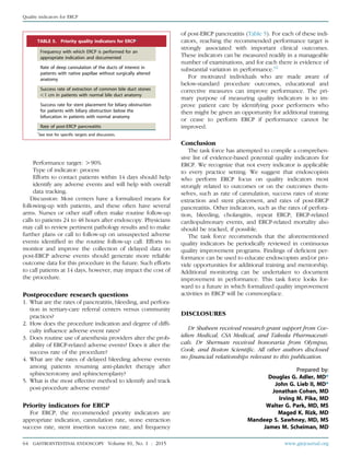 Performance target: O90%
Type of indicator: process
Efforts to contact patients within 14 days should help
identify any adverse events and will help with overall
data tracking.
Discussion: Most centers have a formalized means for
following-up with patients, and these often have several
arms. Nurses or other staff often make routine follow-up
calls to patients 24 to 48 hours after endoscopy. Physicians
may call to review pertinent pathology results and to make
further plans or call to follow-up on unsuspected adverse
events identiﬁed in the routine follow-up call. Efforts to
monitor and improve the collection of delayed data on
post-ERCP adverse events should generate more reliable
outcome data for this procedure in the future. Such efforts
to call patients at 14 days, however, may impact the cost of
the procedure.
Postprocedure research questions
1. What are the rates of pancreatitis, bleeding, and perfora-
tion in tertiary-care referral centers versus community
practices?
2. How does the procedure indication and degree of difﬁ-
culty inﬂuence adverse event rates?
3. Does routine use of anesthesia providers alter the prob-
ability of ERCP-related adverse events? Does it alter the
success rate of the procedure?
4. What are the rates of delayed bleeding adverse events
among patients resuming anti-platelet therapy after
sphincterotomy and sphincteroplasty?
5. What is the most effective method to identify and track
post-procedure adverse events?
Priority indicators for ERCP
For ERCP, the recommended priority indicators are
appropriate indication, cannulation rate, stone extraction
success rate, stent insertion success rate, and frequency
of post-ERCP pancreatitis (Table 5). For each of these indi-
cators, reaching the recommended performance target is
strongly associated with important clinical outcomes.
These indicators can be measured readily in a manageable
number of examinations, and for each there is evidence of
substantial variation in performance.62
For motivated individuals who are made aware of
below-standard procedure outcomes, educational and
corrective measures can improve performance. The pri-
mary purpose of measuring quality indicators is to im-
prove patient care by identifying poor performers who
then might be given an opportunity for additional training
or cease to perform ERCP if performance cannot be
improved.
Conclusion
The task force has attempted to compile a comprehen-
sive list of evidence-based potential quality indicators for
ERCP. We recognize that not every indicator is applicable
to every practice setting. We suggest that endoscopists
who perform ERCP focus on quality indicators most
strongly related to outcomes or on the outcomes them-
selves, such as rate of cannulation, success rates of stone
extraction and stent placement, and rates of post-ERCP
pancreatitis. Other indicators, such as the rates of perfora-
tion, bleeding, cholangitis, repeat ERCP, ERCP-related
cardiopulmonary events, and ERCP-related mortality also
should be tracked, if possible.
The task force recommends that the aforementioned
quality indicators be periodically reviewed in continuous
quality improvement programs. Findings of deﬁcient per-
formance can be used to educate endoscopists and/or pro-
vide opportunities for additional training and mentorship.
Additional monitoring can be undertaken to document
improvement in performance. This task force looks for-
ward to a future in which formalized quality improvement
activities in ERCP will be commonplace.
DISCLOSURES
Dr Shaheen received research grant support from Cov-
idien Medical, CSA Medical, and Takeda Pharmaceuti-
cals. Dr Sherman received honoraria from Olympus,
Cook, and Boston Scientiﬁc. All other authors disclosed
no ﬁnancial relationships relevant to this publication.
Prepared by:
Douglas G. Adler, MD*
John G. Lieb II, MD*
Jonathan Cohen, MD
Irving M. Pike, MD
Walter G. Park, MD, MS
Maged K. Rizk, MD
Mandeep S. Sawhney, MD, MS
James M. Scheiman, MD
TABLE 5. Priority quality indicators for ERCP*
Frequency with which ERCP is performed for an
appropriate indication and documented
Rate of deep cannulation of the ducts of interest in
patients with native papillae without surgically altered
anatomy
Success rate of extraction of common bile duct stones
!1 cm in patients with normal bile duct anatomy
Success rate for stent placement for biliary obstruction
for patients with biliary obstruction below the
bifurcation in patients with normal anatomy
Rate of post-ERCP pancreatitis
*
See text for specific targets and discussion.
64 GASTROINTESTINAL ENDOSCOPY Volume 81, No. 1 : 2015 www.giejournal.org
Quality indicators for ERCP
 