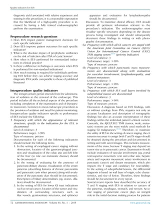 diagnostic yield associated with relative experience and
training in this procedure, it is a reasonable expectation
that the likelihood of a high-quality procedure is in-
creased by having a fully trained endosonographer
perform the examination.
Preprocedure research questions
1. Does EUS impact patient management decisions for
each speciﬁc indication?
2. Does EUS improve patient outcomes for each speciﬁc
indication?
3. What is the absolute impact of prophylactic antibiotics
on the risk of infection after FNA of cystic lesions?
4. How often is EUS performed for nonstandard indica-
tions in clinical practice?
5. Is there a difference in ﬁndings or outcomes when EUS
is performed for non-standard indications?
6. How much training is required for individuals perform-
ing EUS before they can achieve staging accuracy and
diagnostic FNA yields comparable to those of published
literature?
Intraprocedure quality indicators
The intraprocedure period extends from the administra-
tion of sedation to the removal of the endoscope. This
period includes all the technical aspects of the procedure
including completion of the examination and of therapeu-
tic maneuvers. Common to most endoscopic procedures is
the provision of sedation and need for patient monitoring.
Intraprocedure quality indicators speciﬁc to performance
of EUS include the following:
5. Frequency with which the appearance of relevant
structures, speciﬁc to the indication for the EUS, is
documented
Level of evidence: 3
Performance target: O98%
Type of measure: process
Documentation for each of the following indications
should include the following items:
1. In the setting of esophageal cancer staging without
obstruction, location of the gastroesophageal junc-
tion and visualization of the celiac axis and left lobe
of the liver (to rule out metastatic disease) should
be documented.
2. In the setting of evaluating for the presence of
pancreaticobiliary disease, visualization of the entire
pancreas (describing features of chronic pancreatitis
and pancreatic cysts when present) along with evalu-
ation of the pancreatic duct should be documented.
Description of biliary abnormalities (eg, stones, dila-
tion) should be documented.
3. In the setting of EUS for lower GI tract indications
such as rectal cancer, location of the tumor and visu-
alization of surrounding structures such as
iliac vessels, genitourinary structures, and sphincter
apparatus and evaluation for lymphadenopathy
should be documented.
Discussion: To maximize clinical efﬁcacy, EUS should
provide all pertinent information relevant to the
procedure’s indication. The endosonographer must
visualize speciﬁc structures depending on the disease
process being investigated and should subsequently
document these ﬁndings in writing or with photo-
graphic documentation.
6a. Frequency with which all GI cancers are staged with
the American Joint Committee on Cancer (AJCC)/
Union for International Cancer Control (UICC)
TNM staging system43,44
(priority indicator)
Level of evidence: 3
Performance target: O98%
Type of measure: process
6b. Frequency with which pancreatic mass measure-
ments are documented along with evaluation
for vascular involvement, lymphadenopathy, and
distant metastases
Level of evidence: 3
Performance target: O98%
Type of measure: process
6c. Frequency with which EUS wall layers involved by
subepithelial masses are documented
Level of evidence: 3
Performance target: O98%
Type of measure: process
Discussion: A diagnosis based on EUS ﬁndings, with
or without cytology from FNA, requires not only an
accurate localization and description of sonographic
ﬁndings but also an accurate interpretation of these
ﬁndings within the individual patient’s clinical context.
Currently, the AJCC/UICC TNM (tumor, node, metas-
tasis) systems are the most widely used methods for
staging GI malignancies.43,44
Therefore, to maximize
the utility of EUS in the setting of cancer staging, the el-
ements necessary to assign both T and N stages should
be obtained during the procedure and documented in
writing and with saved images. This includes measure-
ments of the mass, because T staging may depend on
tumor size as in pancreatic cancer. Examination should
include evaluation of vascular involvement (eg, portal
vein/superior mesenteric vein and celiac axis, hepatic
artery and superior mesenteric artery involvement in
pancreatic cancer) and distant metastasis, which also
impacts the T stage and candidacy for resectability.
In the setting of subepithelial lesions, the differential
diagnosis is based on wall layer of origin, echo charac-
teristics, and size of lesion. Therefore, these ﬁndings
should be documented in every report.
Several recent reports have described the accuracy of
T and N staging with EUS in relation to cancers of
the pancreas, esophagus, stomach, and rectum. Accu-
rate staging of pancreatic cancer plays an integral
role in the initial decision making process for patients
72 GASTROINTESTINAL ENDOSCOPY Volume 81, No. 1 : 2015 www.giejournal.org
Quality indicators for EUS
 