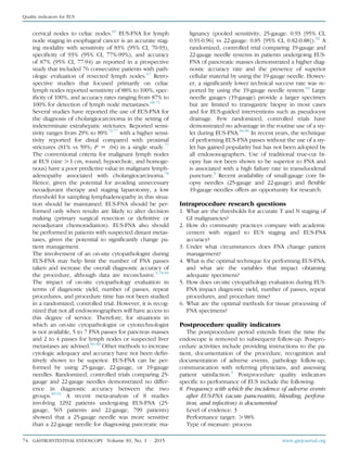 cervical nodes to celiac nodes.66
EUS-FNA for lymph
node staging in esophageal cancer is an accurate stag-
ing modality with sensitivity of 83% (95% CI, 70-93),
speciﬁcity of 93% (95% CI, 77%-99%), and accuracy
of 87% (95% CI, 77-94) as reported in a prospective
study that included 76 consecutive patients with path-
ologic evaluation of resected lymph nodes.67
Retro-
spective studies that focused primarily on celiac
lymph nodes reported sensitivity of 88% to 100%, spec-
iﬁcity of 100%, and accuracy rates ranging from 87% to
100% for detection of lymph node metastases.68-71
Several studies have reported the use of EUS-FNA for
the diagnosis of cholangiocarcinoma in the setting of
indeterminate extrahepatic strictures. Reported sensi-
tivity ranges from 29% to 89%72-77
with a higher sensi-
tivity reported for distal compared with proximal
strictures (81% vs 59%; P Z .04) in a single study.77
The conventional criteria for malignant lymph nodes
at EUS (size O1 cm, round, hypoechoic, and homoge-
nous) have a poor predictive value in malignant lymph-
adenopathy associated with cholangiocarcinoma.78
Hence, given the potential for avoiding unnecessary
neoadjuvant therapy and staging laparotomy, a low
threshold for sampling lymphadenopathy in this situa-
tion should be maintained. EUS-FNA should be per-
formed only when results are likely to alter decision
making (primary surgical resection or deﬁnitive or
neoadjuvant chemoradiation). EUS-FNA also should
be performed in patients with suspected distant metas-
tases, given the potential to signiﬁcantly change pa-
tient management.
The involvement of an on-site cytopathologist during
EUS-FNA may help limit the number of FNA passes
taken and increase the overall diagnostic accuracy of
the procedure, although data are inconclusive.9,79-85
The impact of on-site cytopathology evaluation in
terms of diagnostic yield, number of passes, repeat
procedures, and procedure time has not been studied
in a randomized, controlled trial. However, it is recog-
nized that not all endosonographers will have access to
this degree of service. Therefore, for situations in
which an on-site cytopathologist or cytotechnologist
is not available, 5 to 7 FNA passes for pancreas masses
and 2 to 4 passes for lymph nodes or suspected liver
metastases are advised.86-88
Other methods to increase
cytologic adequacy and accuracy have not been deﬁn-
itively shown to be superior. EUS-FNA can be per-
formed by using 25-gauge, 22-gauge, or 19-gauge
needles. Randomized, controlled trials comparing 25-
gauge and 22-gauge needles demonstrated no differ-
ence in diagnostic accuracy between the two
groups.89-91
A recent meta-analysis of 8 studies
involving 1292 patients undergoing EUS-FNA (25-
gauge, 565 patients and 22-gauge, 799 patients)
showed that a 25-gauge needle was more sensitive
than a 22-gauge needle for diagnosing pancreatic ma-
lignancy (pooled sensitivity, 25-gauge: 0.93 [95% CI,
0.91-0.96] vs 22-gauge: 0.85 [95% CI, 0.82-0.88]).92
A
randomized, controlled trial comparing 19-gauge and
22-gauge needle systems in patients undergoing EUS-
FNA of pancreatic masses demonstrated a higher diag-
nostic accuracy rate and the presence of superior
cellular material by using the 19-gauge needle. Howev-
er, a signiﬁcantly lower technical success rate was re-
ported by using the 19-gauge needle system.93
Large
needle gauges (19-gauge) provide a larger specimen
but are limited to transgastric biopsy in most cases
and for EUS-guided interventions such as pseudocyst
drainage. Few randomized, controlled trials have
demonstrated no advantage in the routine use of a sty-
let during EUS-FNA.94-96
In recent years, the technique
of performing EUS-FNA passes without the use of a sty-
let has gained popularity but has not been adopted by
all endosonographers. Use of traditional true-cut bi-
opsy has not been shown to be superior to FNA and
is associated with a high failure rate in transduodenal
puncture.9
Recent availability of small-gauge core bi-
opsy needles (25-gauge and 22-gauge) and ﬂexible
19-gauge needles offers an opportunity for research.
Intraprocedure research questions
1. What are the thresholds for accurate T and N staging of
GI malignancies?
2. How do community practices compare with academic
centers with regard to EUS staging and EUS-FNA
accuracy?
3. Under what circumstances does FNA change patient
management?
4. What is the optimal technique for performing EUS-FNA,
and what are the variables that impact obtaining
adequate specimens?
5. How does on-site cytopathology evaluation during EUS-
FNA impact diagnostic yield, number of passes, repeat
procedures, and procedure time?
6. What are the optimal methods for tissue processing of
FNA specimens?
Postprocedure quality indicators
The postprocedure period extends from the time the
endoscope is removed to subsequent follow-up. Postpro-
cedure activities include providing instructions to the pa-
tient, documentation of the procedure, recognition and
documentation of adverse events, pathology follow-up,
communication with referring physicians, and assessing
patient satisfaction.5
Postprocedure quality indicators
speciﬁc to performance of EUS include the following:
8. Frequency with which the incidence of adverse events
after EUS-FNA (acute pancreatitis, bleeding, perfora-
tion, and infection) is documented
Level of evidence: 3
Performance target: O98%
Type of measure: process
74 GASTROINTESTINAL ENDOSCOPY Volume 81, No. 1 : 2015 www.giejournal.org
Quality indicators for EUS
 