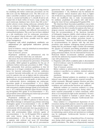 Discussion: The most commonly used scoring systems
for stratifying risk before endoscopic procedures are the
ASA score and the Mallampati score. The ASA score con-
siders comorbid conditions and ranks patients on a 1 to
5 scale (1, normal and healthy to 5, critically ill and at sub-
stantial risk of death within 24 hours). Large studies that
used endoscopy databases have shown that ASA scores21
predict adverse events during endoscopy, primarily those
that are related to sedation. The Mallampati score22
uses
a visual analogue scale to assess the upper airway. An
increasing score correlates with difﬁculty encountered in
endotracheal intubation. This score has not been validated
as a risk stratiﬁcation tool for endoscopic procedures,
but it has gained clinical relevance with widespread use
of deep sedation and, hence, possible need for urgent
airway management.
5. Frequency with which prophylactic antibiotics are
administered for appropriate indication (priority
indicator)
Level of evidence: varies by individual recommendation
Performance target: O98%
Type of measure: process
Prophylactic antibiotics are administered only for
selected settings for which they are indicated.
Discussion: For most endoscopic procedures, prophylac-
tic antibiotics are not indicated for prevention of bacterial
endocarditis. ASGE updated its guidelines for the use of
antibiotics before endoscopic procedures in 2008.23
These
differ substantially from previous guidelines in that GI
endoscopy is no longer considered to be a signiﬁcant risk
factor for bacterial endocarditis. Therefore, antibiotics
to prevent bacterial endocarditis are not recommended,
even for patients who are at highest risk for endocarditis.
Antibiotics are not recommended for patients having: car-
diac conditions, synthetic vascular grafts, or other nonvalvu-
lar cardiovascular devices undergoing any endoscopic
procedure (grade of recommendation Z 1Cþ); biliary
obstruction in the absence of cholangitis undergoing ERCP
with anticipated complete drainage (grade of recommenda-
tion Z 1C); solid lesions along the upper GI tract undergo-
ing EUS-guided FNA (grade of recommendation Z 1C);
and prosthetic joints undergoing any endoscopic procedure
(grade of recommendation Z 1C).
Prophylactic antibiotics are recommended in the
following instances: (1) ERCP in patients in whom incom-
plete biliary drainage is anticipated (eg, primary sclerosing
cholangitis) (grade of recommendation Z 2C); (2) ERCP
in patients with sterile pancreatic ﬂuid collections that
communicate with the pancreatic duct (eg, pseudocyst, ne-
crosis) (grade of recommendation Z 3); (3) ERCP in pa-
tients with posttransplant biliary strictures (grade of
recommendation Z 3); (4) EUS-guided FNA in patients
with cystic lesions along the GI tract (grade of
recommendation Z 1C); (5) any endoscopic procedure
in patients with cirrhosis and acute GI hemorrhage
(grade of recommendation Z 1B); and (6) percutaneous
gastrostomy tube placement in all patients (grade of
recommendation Z 1A). Antibiotics may be indicated for
ERCP if patients’ clinical situations place them at higher
risk of infection (eg, immune suppression, Caroli’s disease).
There are insufﬁcient data to make recommendations
for antibiotic prophylaxis for patients with solid lesions
along the lower GI tract undergoing EUS-guided FNA.
The American Heart Association guidelines concur with
ASGE guidelines and, in addition, recommend prophylactic
antibiotics for the ﬁrst 6 months for patients who have un-
dergone systemic vascular grafts.24
ASGE guidelines differ
from the recommendations of the American Academy
of Orthopedic Surgeons (AAOS), which indicate that anti-
biotic prophylaxis should be given to patients with pros-
thetic joints before any invasive procedure known to
cause bacteremia.25
However, the AAOS recently changed
its recommendations for patients with hip and knee
prosthetic joint implants undergoing dental procedures,
stating that the practitioner might consider discontinuing
the practice of routinely prescribing prophylactic antibi-
otics.25,26
ASGE guidelines do not address patients under-
going peritoneal dialysis, but the International Society for
Peritoneal Dialysis recommends antibiotic prophylaxis
and that the abdomen be emptied of ﬂuid before colonos-
copy with polypectomy.27
6. Frequency with which a sedation plan is documented
Level of evidence: varies by individual recommendation
Performance target: O98%
Type of measure: process
Before sedation is administered, the intended level of
sedation is speciﬁed as no sedation, minimal sedation,
moderate sedation, deep sedation, or general
anesthesia.
Discussion: Minimal sedation (or anxiolysis) is a drug-
induced state during which patients respond normally to
verbal commands. Although cognitive function and phys-
ical coordination may be impaired, airway reﬂexes and
ventilatory and cardiovascular functions are unaffected.
Moderate sedation (or conscious sedation) is a drug-
induced depression of consciousness during which pa-
tients respond purposefully to verbal commands, either
alone or accompanied by light tactile stimulation. No inter-
ventions are required to maintain a patent airway, and
spontaneous ventilation is adequate. Cardiovascular func-
tion is usually maintained.
Deep sedation is a drug-induced depression of con-
sciousness during which patients cannot be easily aroused
but respond purposefully after repeated or painful stimula-
tion. The ability to independently maintain ventilatory
function may be impaired. Patients may require assistance
in maintaining a patent airway and spontaneous ventilation
may be inadequate. Cardiovascular function is usually
maintained.
General anesthesia is a drug-induced loss of conscious-
ness during which patients cannot be aroused, even by
painful stimulation. The ability to independently maintain
8 GASTROINTESTINAL ENDOSCOPY Volume 81, No. 1 : 2015 www.giejournal.org
Quality indicators for all GI endoscopic procedures
 