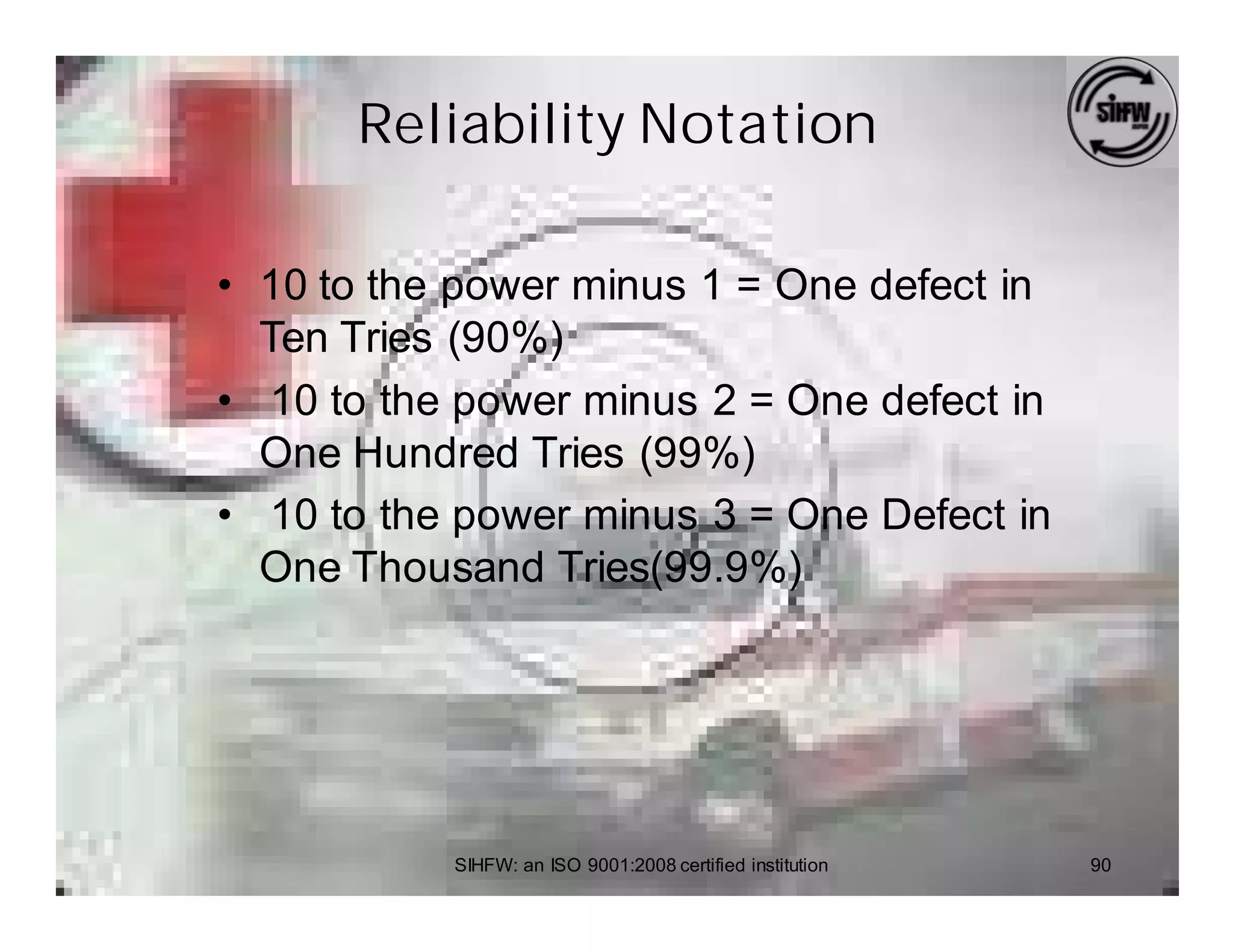Reliability Notation

• 10 to the power minus 1 = One defect in
  Ten Tries (90%)
• 10 to the power minus 2 = One defect in
  One Hundred Tries (99%)
• 10 to the power minus 3 = One Defect in
  One Thousand Tries(99.9%)




           SIHFW: an ISO 9001:2008 certified institution   90
 