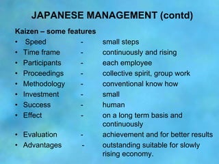 JAPANESE MANAGEMENT (contd)
Kaizen – some features
• Speed           -      small steps
• Time frame      -      continuou...