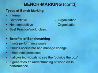 BENCH-MARKING (contd)
Types of Bench Marking
• Internal
• Competitive                        - Organisation
• Non competit...
