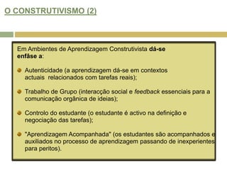 APRENDIZAGEM BASEADA NA WEB: NOVAS CONCEPÇÕES DE "CURRICULUM"? (4)As novas teorias ("student as participant approach")reconhecem que alunos participativos são  produtores de recursos que partilham com os outros, responsáveis e autónomos e juntam-se em comunidades de aprendizagem.  Portanto, o ambiente online fomenta situações de aprendizagem em que ocorre a inversão de papéis, contrariamente aos modelos pedagógicos anteriores.O aluno com uma abordagem participativa, está habilitado pela tecnologia baseada na Web, a aceder aos recursos de aprendizagem, ferramentas de comunicação, bancos de dados e redes assíncronas.