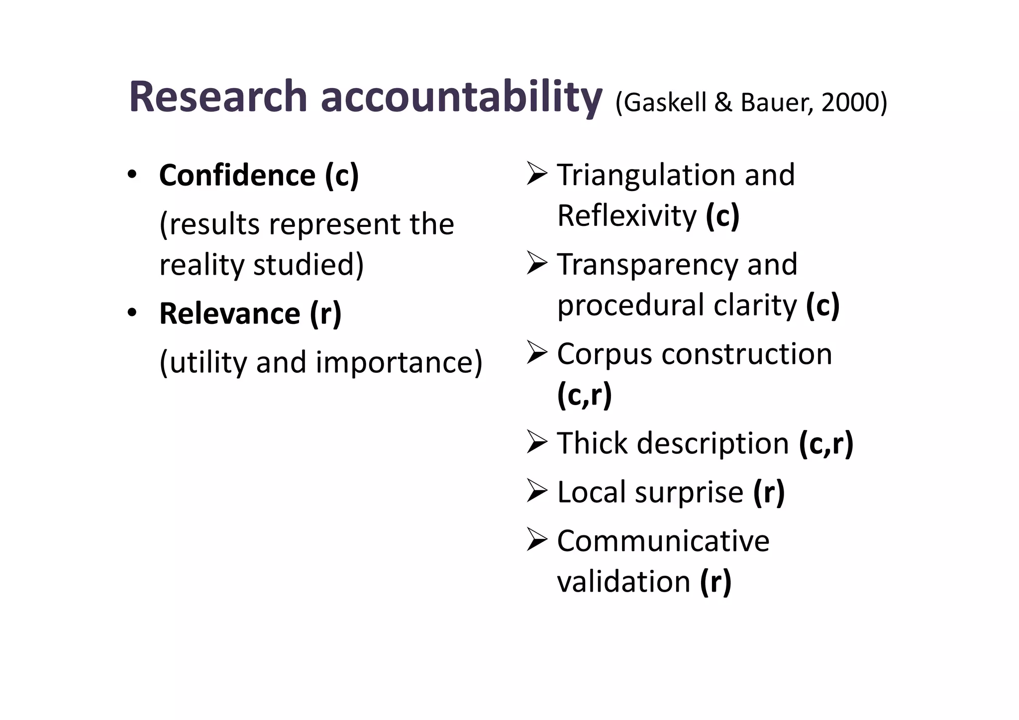 Research accountability (Gaskell & Bauer, 2000)
• Confidence (c)             Triangulation and
  (results represent the     Reflexivity (c)
  reality studied)           Transparency and
• Relevance (r)              procedural clarity (c)
  (utility and importance)   Corpus construction
                             (c,r)
                             Thick description (c,r)
                             Local surprise (r)
                             Communicative
                             validation (r)
 