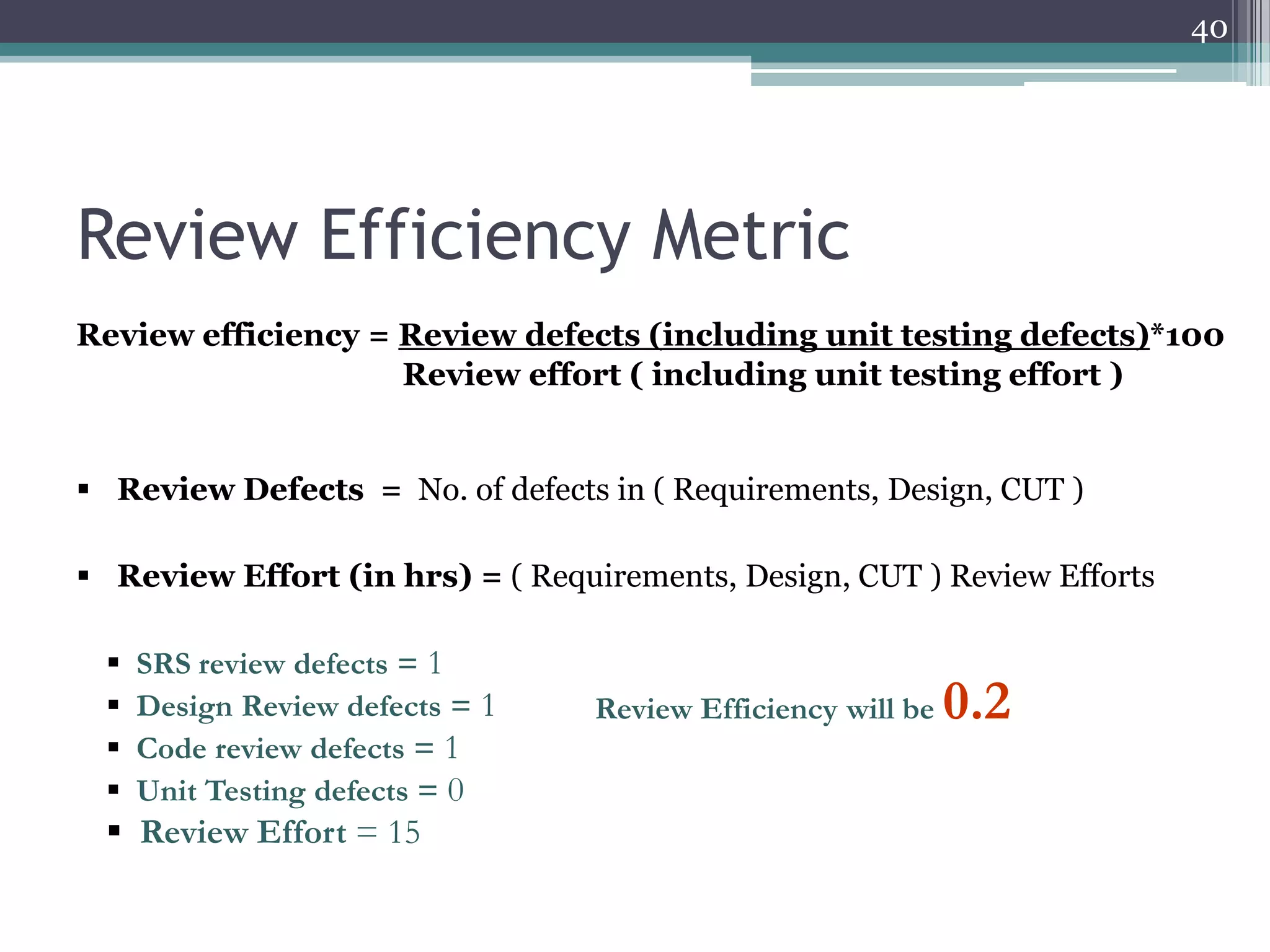 40

Review Efficiency Metric
Review efficiency = Review defects (including unit testing defects)*100
Review effort ( including unit testing effort )
 Review Defects = No. of defects in ( Requirements, Design, CUT )
 Review Effort (in hrs) = ( Requirements, Design, CUT ) Review Efforts





SRS review defects = 1
Design Review defects = 1
Code review defects = 1
Unit Testing defects = 0

 Review Effort = 15

Review Efficiency will be

0.2

 