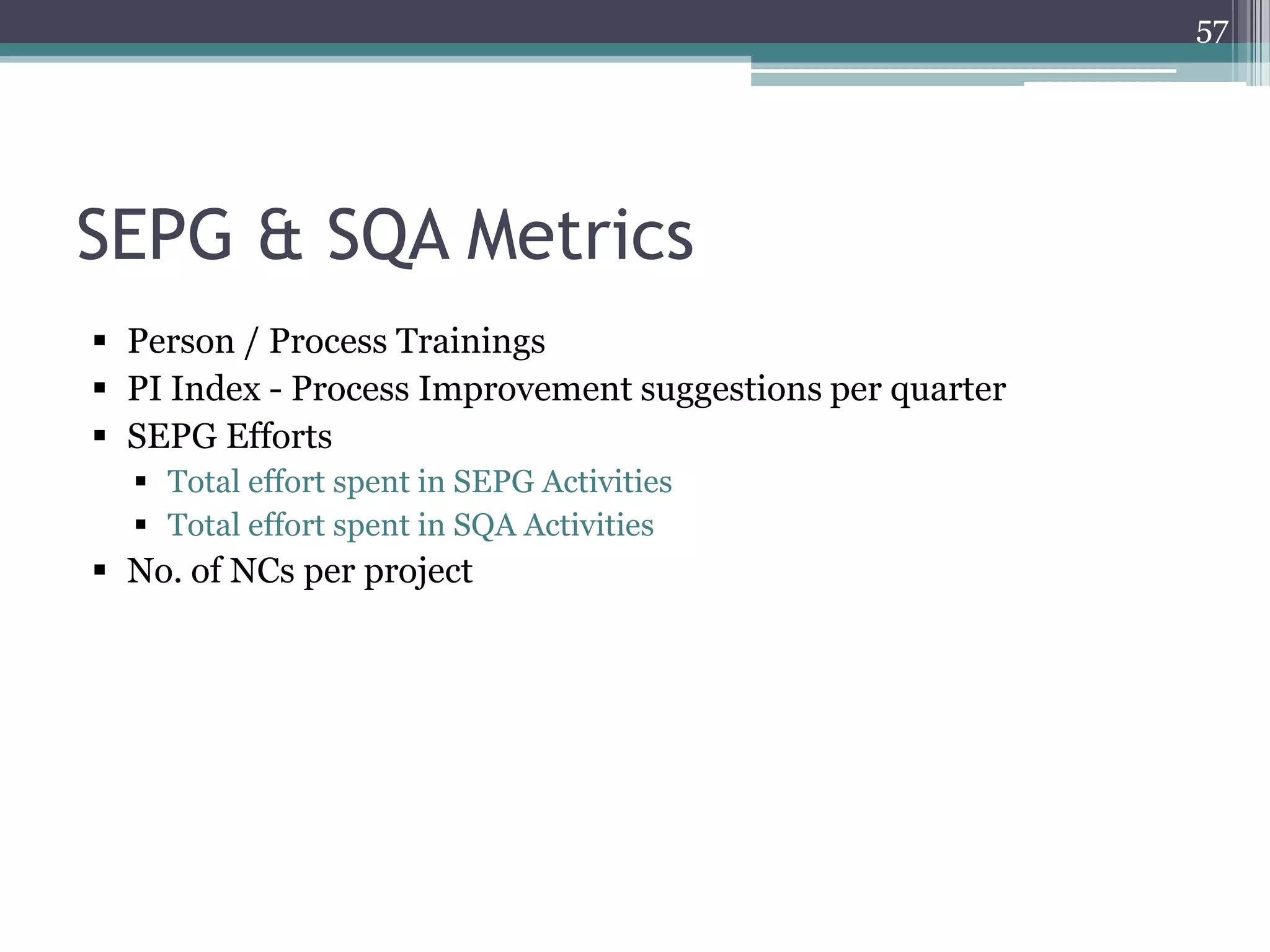57

SEPG & SQA Metrics
 Person / Process Trainings
 PI Index - Process Improvement suggestions per quarter
 SEPG Efforts
 Total effort spent in SEPG Activities
 Total effort spent in SQA Activities

 No. of NCs per project

 
