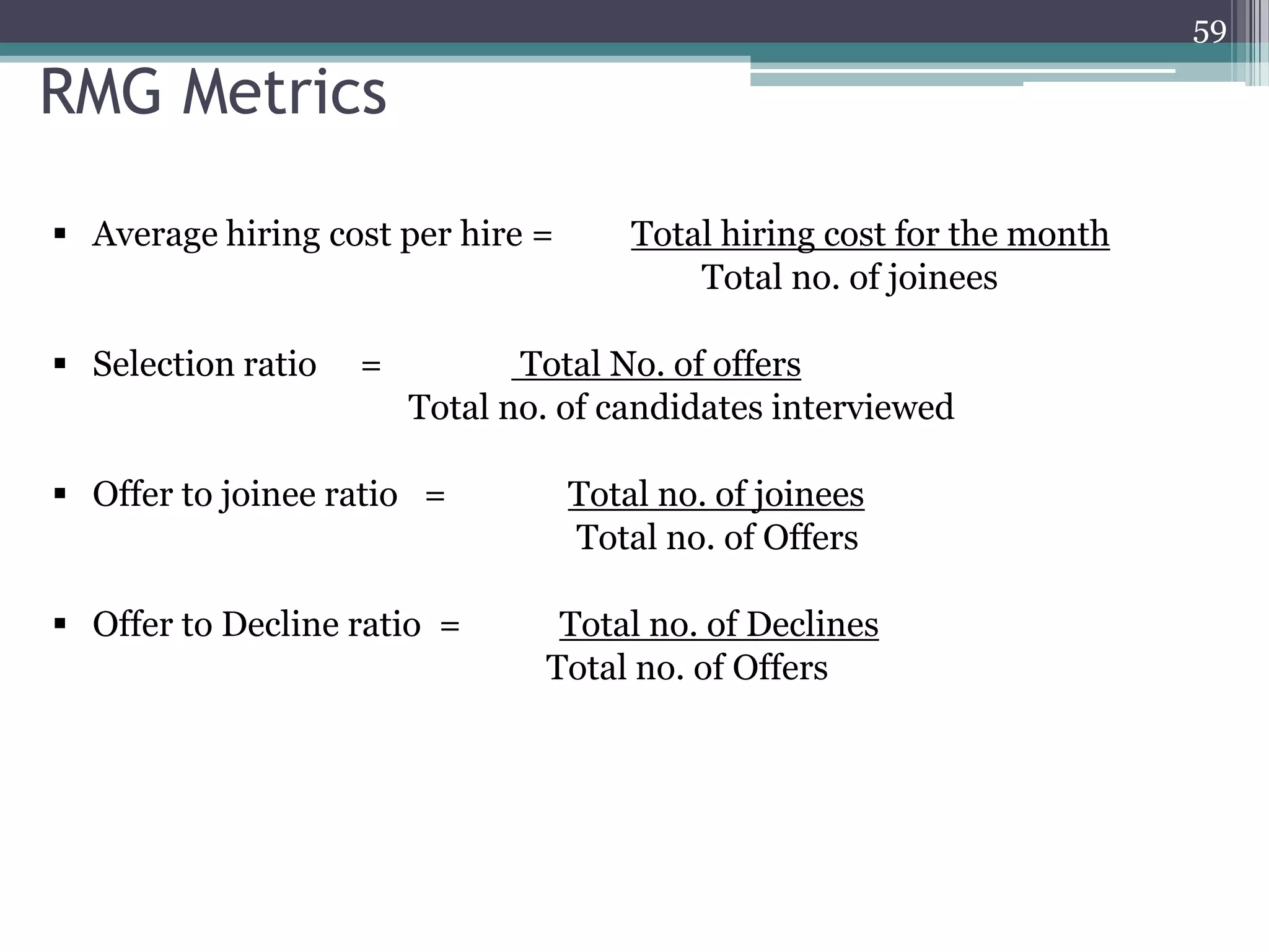 59

RMG Metrics
 Average hiring cost per hire =

 Selection ratio

=

Total hiring cost for the month
Total no. of joinees

Total No. of offers
Total no. of candidates interviewed

 Offer to joinee ratio =

Total no. of joinees
Total no. of Offers

 Offer to Decline ratio =

Total no. of Declines
Total no. of Offers

 
