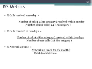 58

ISS Metrics
 % Calls resolved same day =
Number of calls ( 24hrs category ) resolved within one day
Number of user calls ( 24 Hrs category )
 % Calls resolved in two days =
Number of calls ( 48hrs category ) resolved within two days
Number of user calls ( 48 Hrs category )
 % Network up time =
Network up time ( for the month )
Total Available time

 
