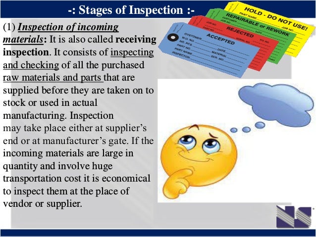 ®
-: Stages of Inspection :-
(1) Inspection of incoming
materials: It is also called receiving
inspection. It consists of ...