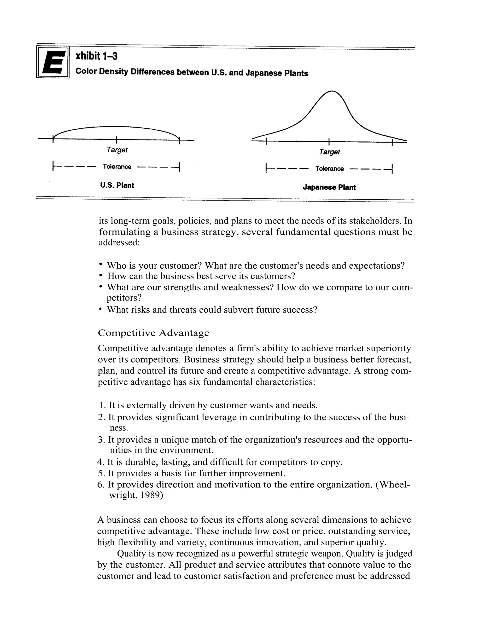 12   Total Quality Management




         its long-term goals, policies, and plans to meet the needs of its stakeholders. In
         formulating a business strategy, several fundamental questions must be
         addressed:

         • Who is your customer? What are the customer's needs and expectations?
         • How can the business best serve its customers?
         • What are our strengths and weaknesses? How do we compare to our com-
           petitors?
         • What risks and threats could subvert future success?

         Competitive Advantage
         Competitive advantage denotes a firm's ability to achieve market superiority
         over its competitors. Business strategy should help a business better forecast,
         plan, and control its future and create a competitive advantage. A strong com-
         petitive advantage has six fundamental characteristics:

         1. It is externally driven by customer wants and needs.
         2. It provides significant leverage in contributing to the success of the busi-
             ness.
         3. It provides a unique match of the organization's resources and the opportu-
             nities in the environment.
         4. It is durable, lasting, and difficult for competitors to copy.
         5. It provides a basis for further improvement.
         6. It provides direction and motivation to the entire organization. (Wheel-
             wright, 1989)

         A business can choose to focus its efforts along several dimensions to achieve
         competitive advantage. These include low cost or price, outstanding service,
         high flexibility and variety, continuous innovation, and superior quality.
              Quality is now recognized as a powerful strategic weapon. Quality is judged
         by the customer. All product and service attributes that connote value to the
         customer and lead to customer satisfaction and preference must be addressed
 