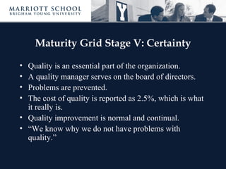 Maturity Grid Stage V: Certainty

• Quality is an essential part of the organization.
• A quality manager serves on the board of directors.
• Problems are prevented.
• The cost of quality is reported as 2.5%, which is what
  it really is.
• Quality improvement is normal and continual.
• “We know why we do not have problems with
  quality.”
 