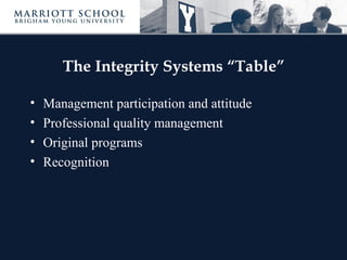 The Integrity Systems “Table”

•   Management participation and attitude
•   Professional quality management
•   Original programs
•   Recognition
 