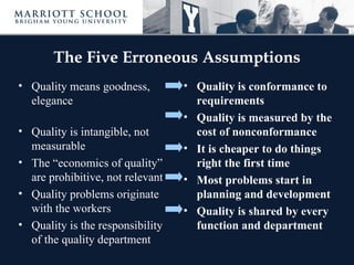 The Five Erroneous Assumptions
• Quality means goodness,         • Quality is conformance to
  elegance                          requirements
                                  • Quality is measured by the
• Quality is intangible, not        cost of nonconformance
  measurable                      • It is cheaper to do things
• The “economics of quality”        right the first time
  are prohibitive, not relevant   • Most problems start in
• Quality problems originate        planning and development
  with the workers                • Quality is shared by every
• Quality is the responsibility     function and department
  of the quality department
 