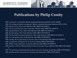Publications by Philip Crosby
1967. Cutting the cost of quality. Boston, Industrial Education Institute. OCLC 616899. 
1969. The strategy of situation management. Boston, Industrial Education Institute. OCLC 13761. 
1979. Quality is Free. New York: McGraw-Hill. ISBM 0-07-014512-1.
1981. The Art of Getting Your Own Sweet Way. McGraw-Hill. ISBN 0-07-014527-X. 
1984. Quality Without Tears. New York: McGraw-Hill. ISBN 0-07-014511-3. 
1986. Running things. New York: McGraw-Hill. ISBN 0-07-014513-X. 
1988. The Eternally Successful Organization. New York: McGraw-Hill. ISBN 0-07-014533-4. 
1989. Let's talk quality. New York: McGraw-Hill. ISBN 0-07-014565-2. 
1990. Leading, the art of becoming an executive. New York: McGraw-Hill. ISBN 0-07-014567-9. 
1994. Completeness: Quality for the 21st Century. Plume. ISBN 0-452-27024-3. 
1995. Philip Crosby's Reflections on Quality. McGraw-Hill. ISBN 0-07-014525-3. 
1996. Quality is still free: Making Quality Certain in Uncertain Times. McGraw-Hill. ISBN 0-07-014532-
6. 
1997. The Absolutes of Leadership (Warren Bennis Executive Briefing). Jossey-Bass. ISBN 0-7879-0942-4. 
1999. Quality and Me: Lessons from an Evolving Life. Jossey-Bass. ISBN 0-7879-4702-4. 
 