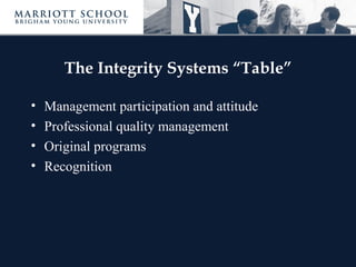 The Integrity Systems “Table”
• Management participation and attitude
• Professional quality management
• Original programs
• Recognition
 