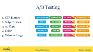 #LeadGeneration @alexf_oliveira
A/B Testing
1. CTA Buttons
2. Subject Lines
3. Ad Copy
4. Color
5. Video vs Image
 