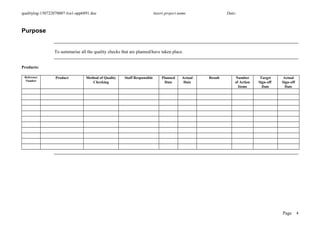 qualitylog-150722070007-lva1-app6891.doc insert project name Date:
Purpose
To summarise all the quality checks that are planned/have taken place.
Products:
Reference
Number
Product Method of Quality
Checking
Staff Responsible Planned
Date
Actual
Date
Result Number
of Action
Items
Target
Sign-off
Date
Actual
Sign-off
Date
Page 4
 