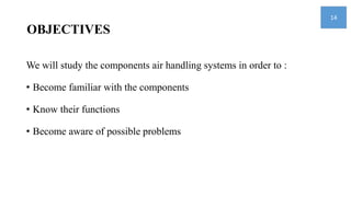 OBJECTIVES
We will study the components air handling systems in order to :
• Become familiar with the components
• Know their functions
• Become aware of possible problems
14
 