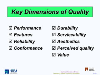 Key Dimensions of Quality Performance Features Reliability Conformance Durability Serviceability Aesthetics Perceived quality Value 