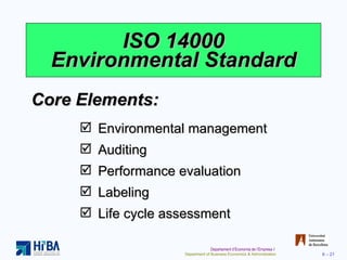 ISO 14000 Environmental Standard Core Elements: Environmental management Auditing Performance evaluation Labeling Life cycle assessment 