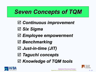 Seven Concepts of TQM Continuous improvement Six Sigma Employee empowerment Benchmarking Just-in-time (JIT) Taguchi concepts Knowledge of TQM tools 