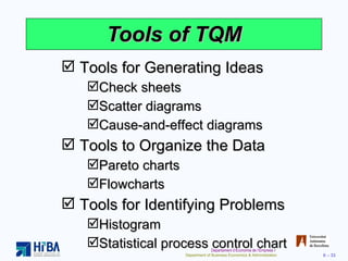 Tools of TQM Tools for Generating Ideas Check sheets Scatter diagrams Cause-and-effect diagrams Tools to Organize the Data Pareto charts Flowcharts Tools for Identifying Problems Histogram Statistical process control chart 