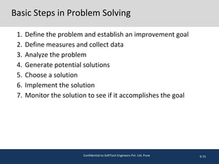 Basic Steps in Problem Solving
1. Define the problem and establish an improvement goal
2. Define measures and collect data
3. Analyze the problem
4. Generate potential solutions
5. Choose a solution
6. Implement the solution
7. Monitor the solution to see if it accomplishes the goal
9-75Confidential to SoftTech Engineers Pvt. Ltd. Pune
 