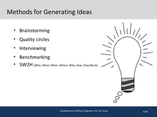 Methods for Generating Ideas
• Brainstorming
• Quality circles
• Interviewing
• Benchmarking
• 5W2H (Who, What, When, Where, Why, How, How Much)
9-90Confidential to SoftTech Engineers Pvt. Ltd. Pune
 