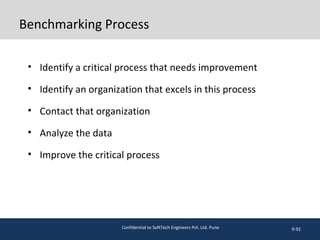 Benchmarking Process
• Identify a critical process that needs improvement
• Identify an organization that excels in this process
• Contact that organization
• Analyze the data
• Improve the critical process
9-92Confidential to SoftTech Engineers Pvt. Ltd. Pune
 