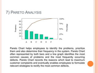 7) PARETO ANALYSIS
Pareto Chart helps employees to identify the problems, prioritize
them and also determine their frequency in the system. Pareto Chart
often represented by both bars and a line graph identifies the most
common causes of problems and the most frequently occurring
defects. Pareto Chart records the reasons which lead to maximum
customer complaints and eventually enables employees to formulate
relevant strategies to rectify the most common defects.
 