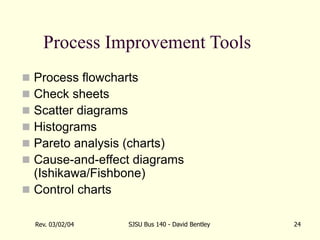 Rev. 03/02/04 SJSU Bus 140 - David Bentley 24
Process Improvement Tools
 Process flowcharts
 Check sheets
 Scatter diagrams
 Histograms
 Pareto analysis (charts)
 Cause-and-effect diagrams
(Ishikawa/Fishbone)
 Control charts
 