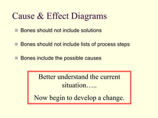 Cause & Effect Diagrams
 Bones should not include solutions
 Bones should not include lists of process steps
 Bones include the possible causes
Better understand the current
situation…..
Now begin to develop a change.
 