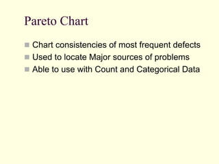 Pareto Chart
 Chart consistencies of most frequent defects
 Used to locate Major sources of problems
 Able to use with Count and Categorical Data
 
