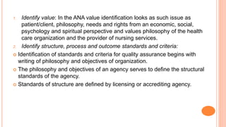 1. Identify value: In the ANA value identification looks as such issue as
patient/client, philosophy, needs and rights from an economic, social,
psychology and spiritual perspective and values philosophy of the health
care organization and the provider of nursing services.
2. Identify structure, process and outcome standards and criteria:
 Identification of standards and criteria for quality assurance begins with
writing of philosophy and objectives of organization.
 The philosophy and objectives of an agency serves to define the structural
standards of the agency.
 Standards of structure are defined by licensing or accrediting agency.
 