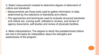 3. Select measurement needed to determine degree of attainment of
criteria and standards:
 Measurements are those tools used to gather information or data,
determined by the selections of standards and criteria.
 The approaches and techniques used to evaluate structural standards
and criteria are, nursing audit, utilization’s reviews, and review of
agency documents, self-studies and review of physicals facilities.
4. Make interpretations: The degree to which the predetermined criteria
are met is the basis for interpolation about the strengths and
weaknesses of the program.
 